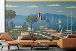 Wallpaper painted garden flowers with boats