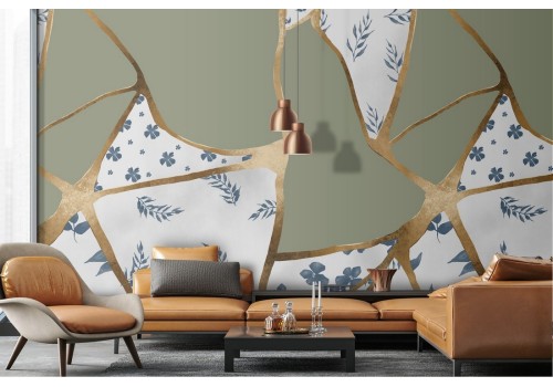 Grey marble wallpaper with gold luxury finishes.