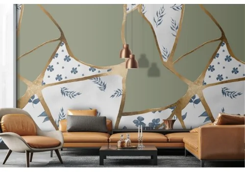 Grey marble wallpaper with luxury gold finishes.