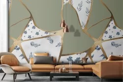 Grey marble wallpaper with gold luxury finishes.