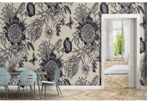 Carta da Parati fiori vintage neri natura.