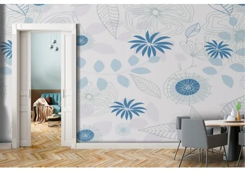 Carta da Parati foglie e fiori stilizzati natura moderna.