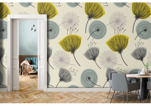 Vintage wallpaper with stylized yellow flowers on a light blue background.