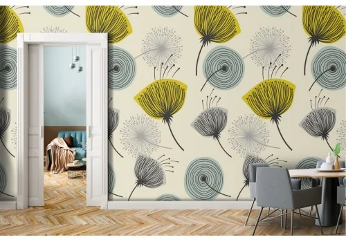 Vintage wallpaper with stylized yellow flowers on a light blue background.