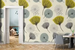 Vintage wallpaper with stylized yellow flowers on a light blue background.