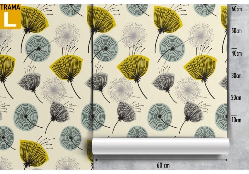 Vintage wallpaper with stylized yellow flowers on a light blue background. 2