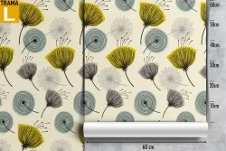 Vintage wallpaper with stylized yellow flowers on a light blue background.