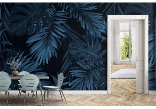 Carta da Parati foglie tropicali blu natura moderna.