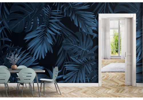 Modern nature blue tropical leaves wallpaper.