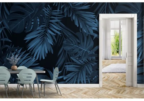 Modern nature blue tropical leaves wallpaper.