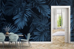 Carta da Parati foglie tropicali blu natura moderna.