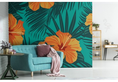 Tropical flowers and leaves orange wallpaper.