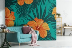 Carta da Parati fiori e foglie tropicali arancione.