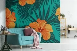 Tropical flowers and leaves orange wallpaper.