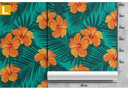 Carta da Parati fiori e foglie tropicali arancione. 2