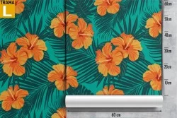 Tropical flowers and leaves orange wallpaper.