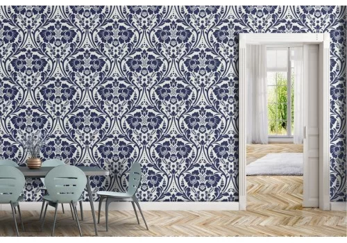 Carta da Parati damasco con fiori blu vintage.