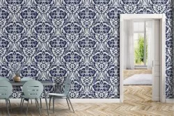 Damask wallpaper with vintage blue flowers.