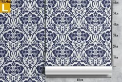 Carta da Parati damasco con fiori blu vintage.