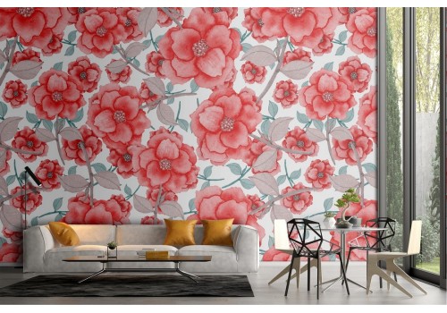 Carta da Parati pattern natura fiori rossi.