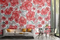 Carta da Parati pattern natura fiori rossi.