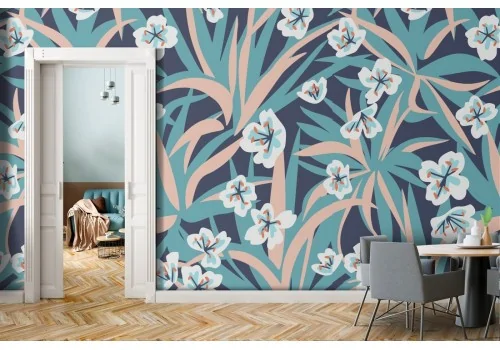 Wallpaper with leaves and white flowers nature.