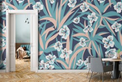 Carta da Parati foglie e fiori bianchi natura.