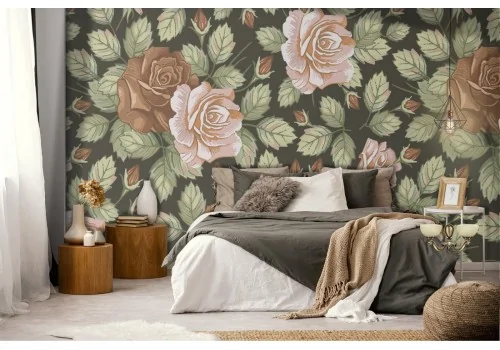Vintage nature flower wallpaper pattern in pink and brown.