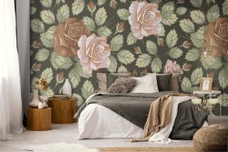 Carta da Parati fiori vintage natura pattern rosa e marrone.