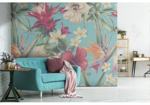 Carta da Parati fiori tropicali rosa e bianchi.