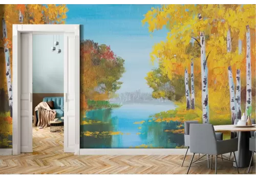 Carta da Parati dipinto fiume tra gli alberi foresta