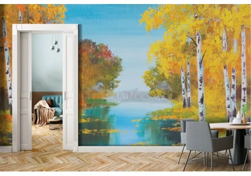 Wallpaper painted river among the trees forest