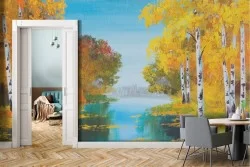 Wallpaper painted river among the forest trees