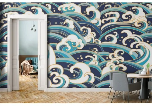 Wallpaper with sea waves nature oriental design.