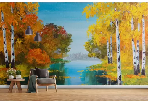 Carta da Parati dipinto fiume tra gli alberi foresta 2