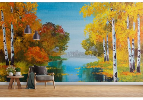 Wallpaper painted river among the forest trees 2