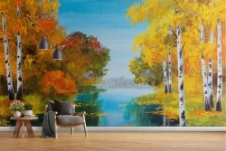 Wallpaper painted river among the forest trees