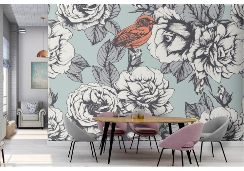 Wallpaper with stylized birds and flowers nature.