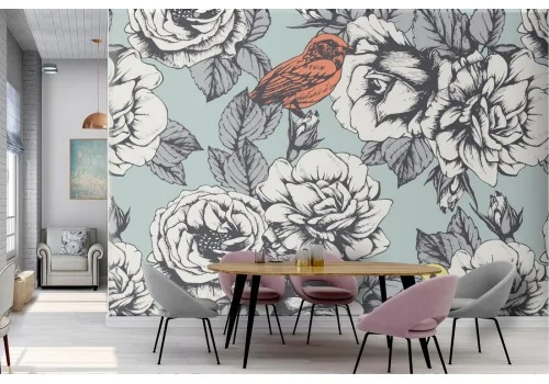 Wallpaper with stylized birds and flowers nature.