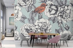 Wallpaper with stylized birds and flowers nature.