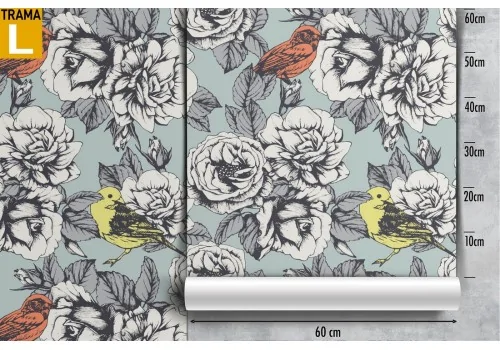 Carta da Parati uccellini e fiori natura stilizzata. 2