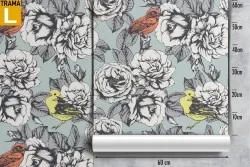 Carta da Parati uccellini e fiori natura stilizzata.