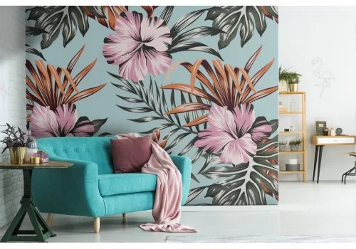 Carta da Parati fiori rosa e foglie tropicali.