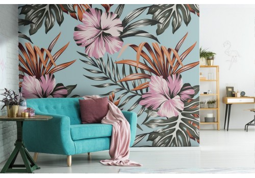 Pink flowers and tropical leaves wallpaper.