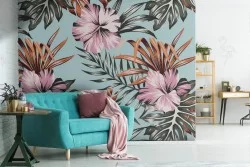 Carta da Parati fiori rosa e foglie tropicali.