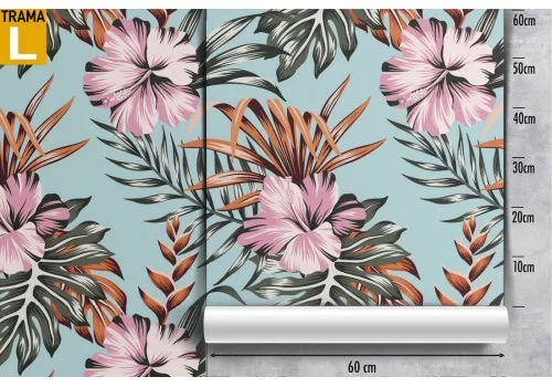 Carta da Parati fiori rosa e foglie tropicali. 2