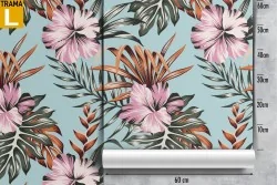 Pink flowers and tropical leaves wallpaper.
