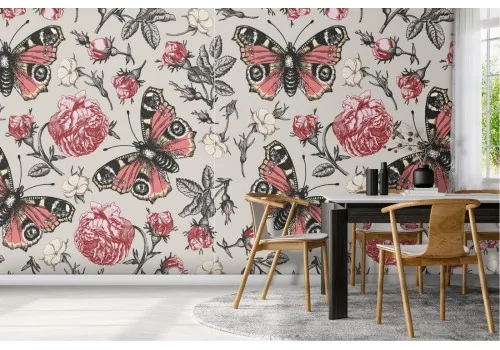 Red flowers and butterflies vintage nature wallpaper.
