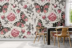 Red flowers and butterflies vintage nature wallpaper.