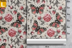 Carta da Parati fiori rossi e farfalle natura vintage.
